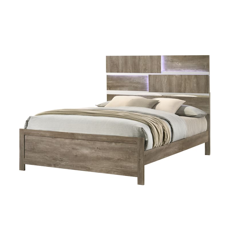 Dawson Light Brown Wood Bed with LED Lighting and Modern Panel Design