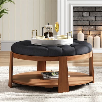 2-Tier Upholstered Round Coffee Table with with Wheel, Button Tufted Ottoman with Storage Shelf for Living Room