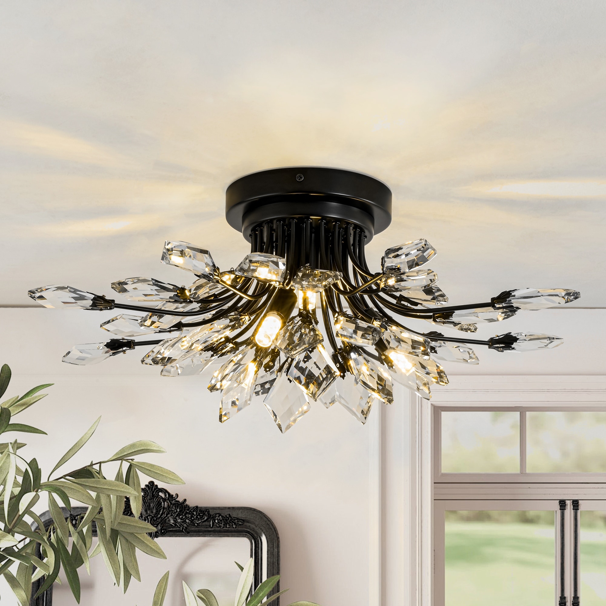 4 Light Modern Industrial Linear Cluster Crystal Flush Mount Light Sputnik Ceiling Light for Dining Room