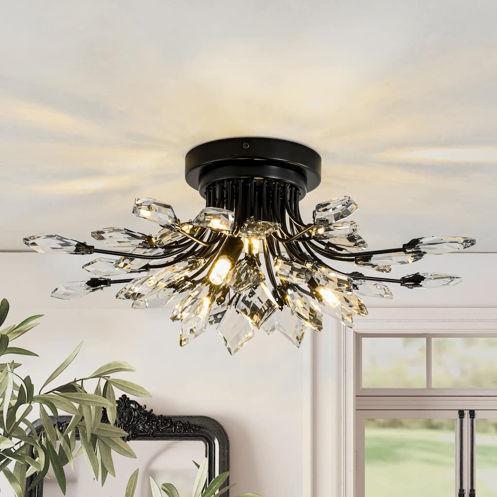 4-Light Modern Industrial Linear Cluster Crystal Flush Mount Light Sputnik Ceiling Light for Dining Room