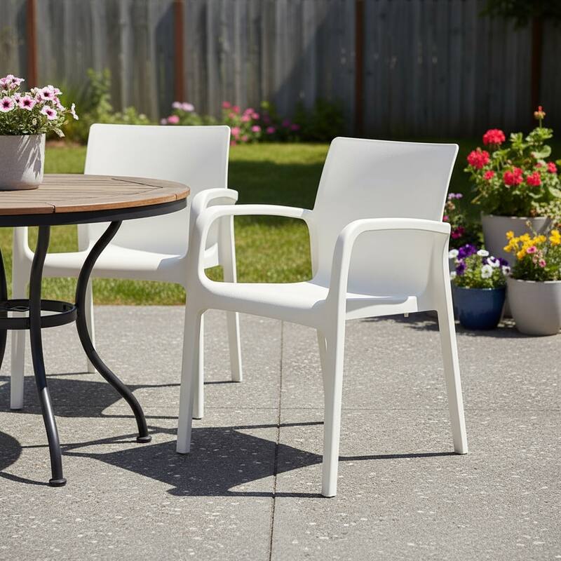 HomeRoots Set of Two White Heavy Duty Plastic Outdoor Stacking Dining Chairs