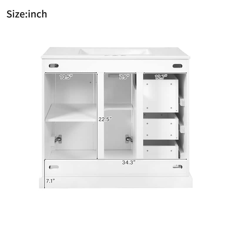 36" Modern Bathroom Vanity with Ceramic Sink, White Freestanding Cabinet with Soft-Close Doors, 3 Drawers & Adjustable Shelf