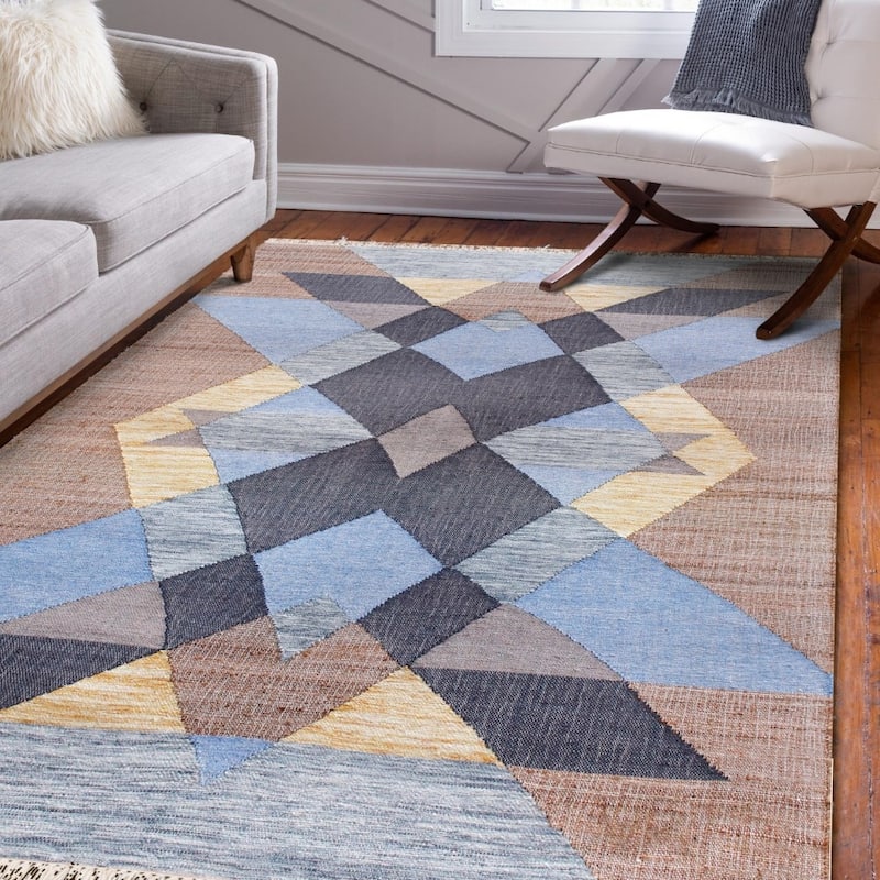 Sevita Hand-Woven Southwestern Jute-Blend Area Rug, Tan and Light Blue