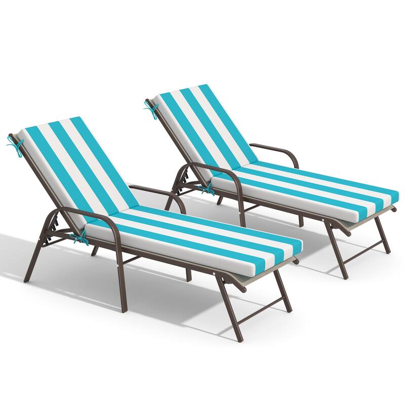 Pellebant Outdoor Adjustable Patio Chaise Lounge Chairs with Cushions - Chair-Beige&Cushion-BlueWhite