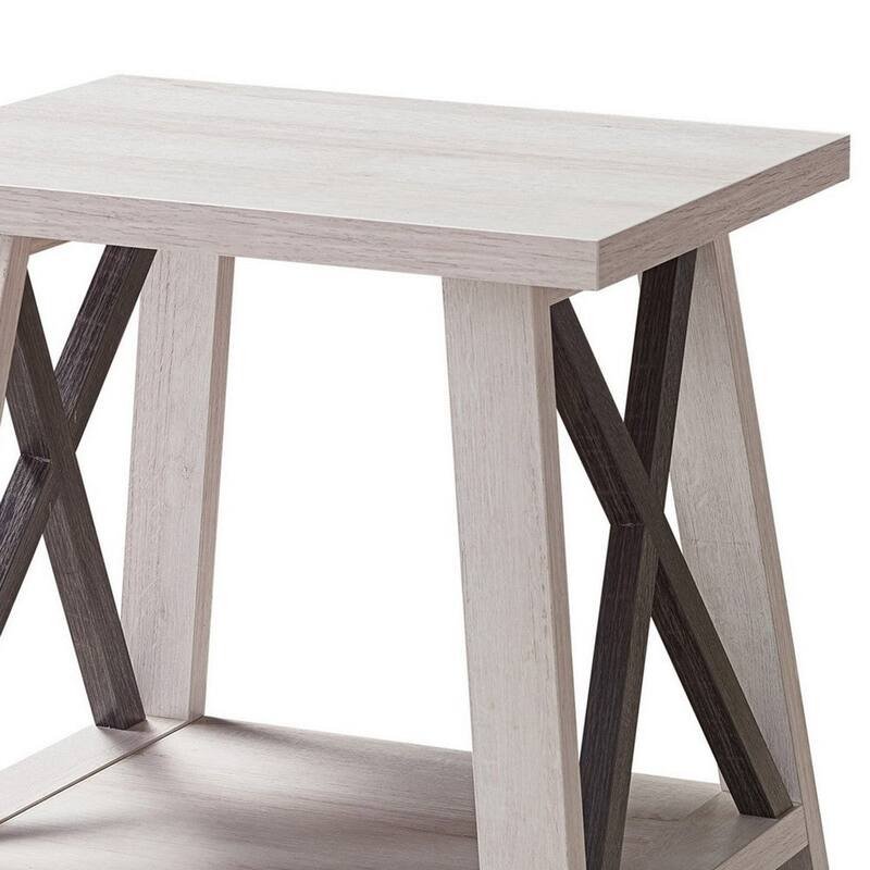 Tess 22 Inch Farmhouse End Table, 1 Shelf, Wood, White Oak, Distressed Grey - 20 L x 22 W x 22 H Inches