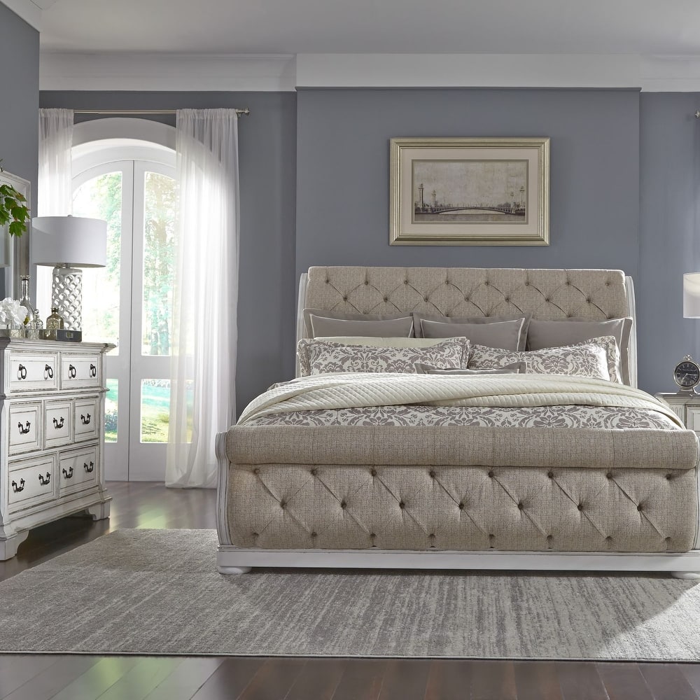 Liberty Furniture Abbey Park Upholstered Sleigh Bed, Dresser & Mirror, Chest, Nightstand- California King, King, Queen