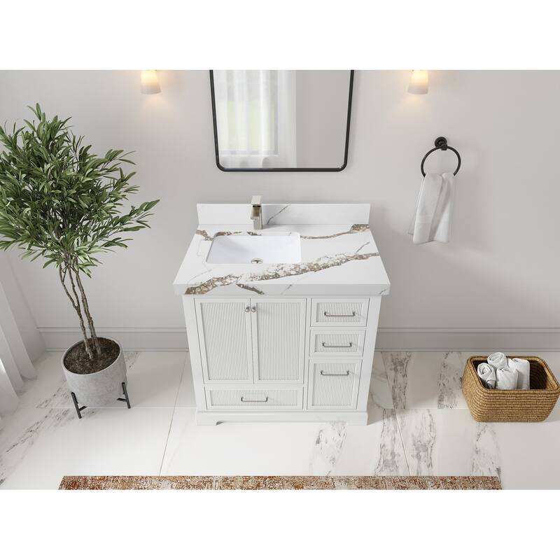 Willow Collections 36 in. W x 22 in. D Alys Left Offset Sink Bathroom Vanity with Countertop - 2"Calacatta Gold - White