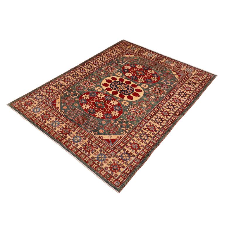 Caucasian Super Kazak Bryson Green/Beige Hand Knotted Wool Rug - 6'10'' x 9'6''