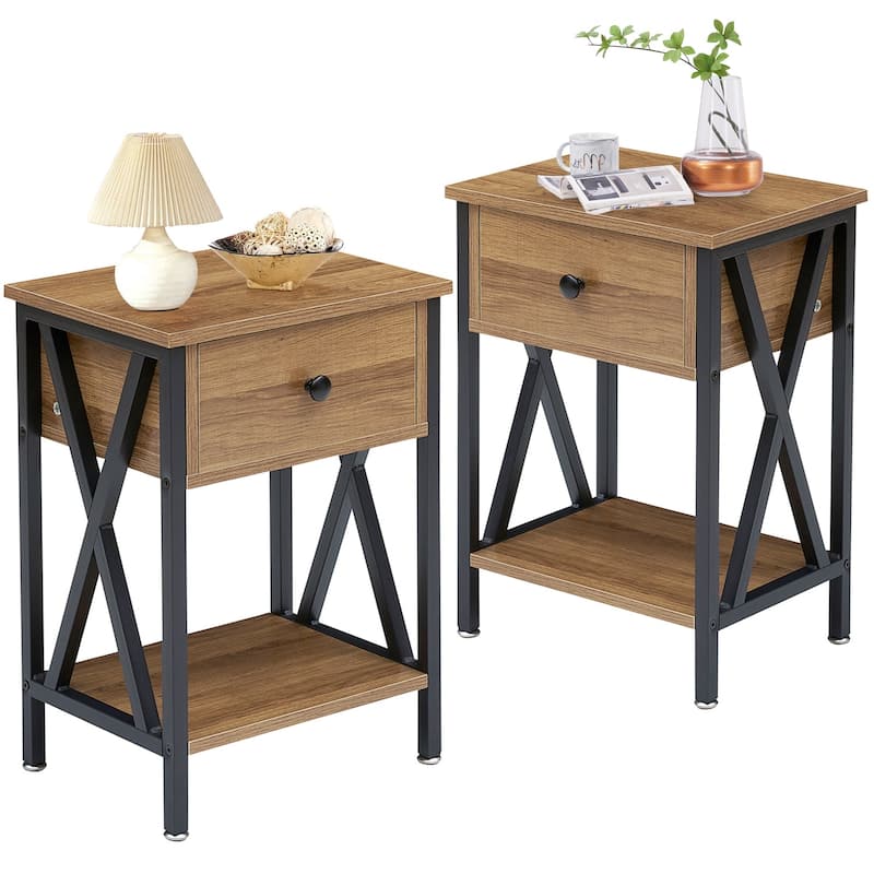 Modern 1-Drawert Nightstands X-Design with Storage Shelf, Set of 2 Nightstands - Walnut Brown