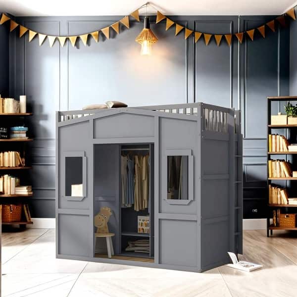 slide 2 of 17, Twin Size House Loft Bed With Ladder and Wardrobe Gray