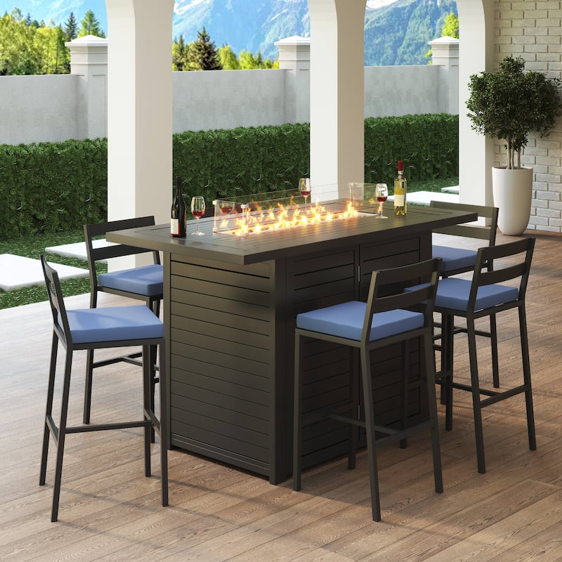 7-Piece Outdoor Patio Bar Height Dining Set in Aluminum with Rectangular Fire Pit Table and 6 Barstool