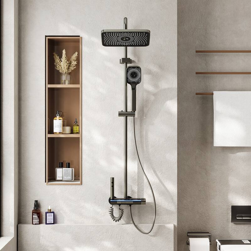 Thermostatic Shower System with Rainfall Shower Head, Adjustable Height Wall Mounted Shower Set