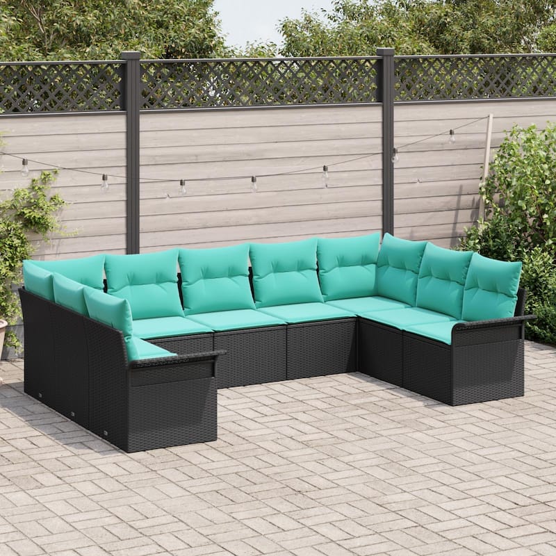 vidaXL 10 Garden Sofa Set with Cushions Black Poly Rattan - 113.8 x 52.2 x 27.2