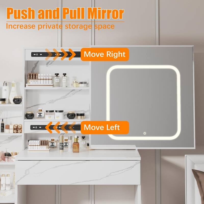 Vanity Desk with Sliding Mirror, Charging Station, 4 Drawers, Shelves, Stool