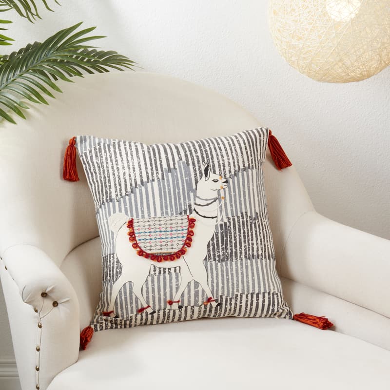 Tasseled Throw Pillow With Llama Design