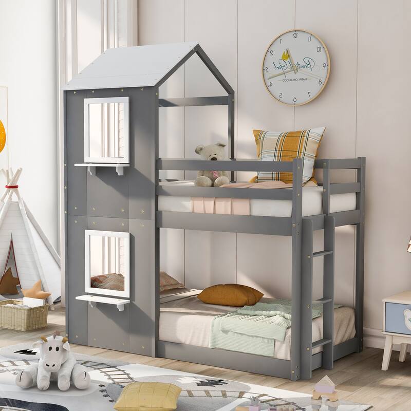 White Twin Over Twin Wood Bunk Bed with Roof, Window, Guardrail, and Ladder - Grey