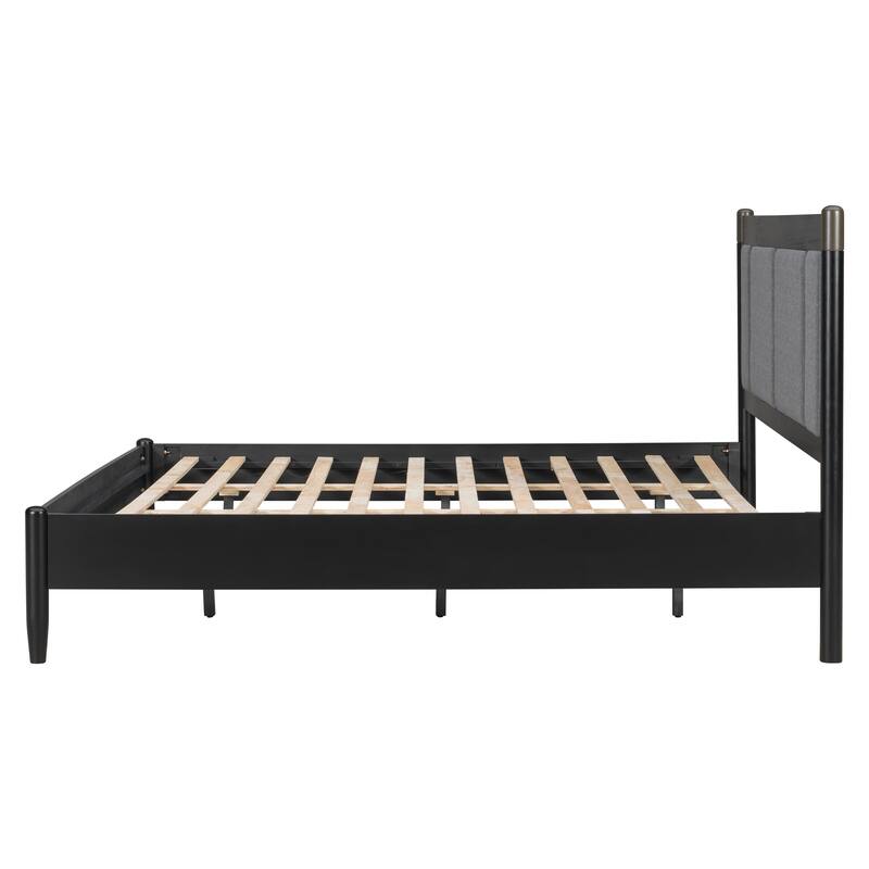 Modern Solid Wood Bed Frame Platform Bed with Central Textured Fabric Upholstered Headboard/Metal Handles/No Box Spring Needed