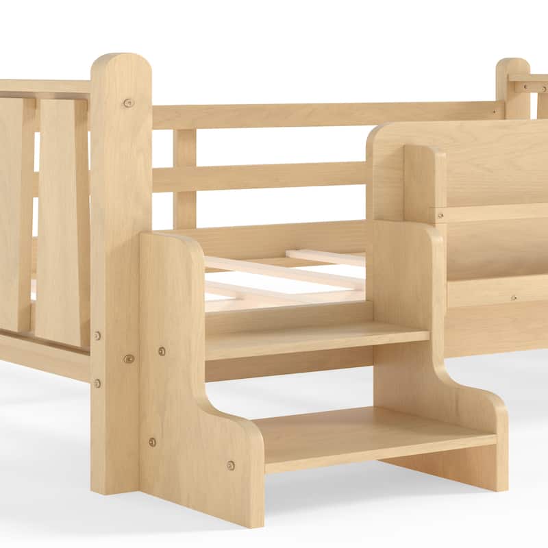 Full/Twin Floor Bed with Storage Bookcases & Cute Stairs - Solid Wood Kids Bed, No Box Spring