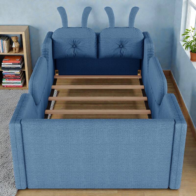 Twin Size Upholstered Floor Bed for Kids with Removable Side Rails, Soft Teddy Fabric Platform Bed