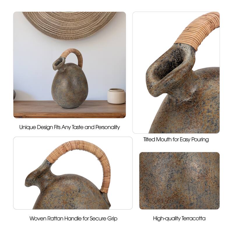 Sagebrook Home Terracotta Rustic Jug With Woven Handle, Multi, Round, Two Tone