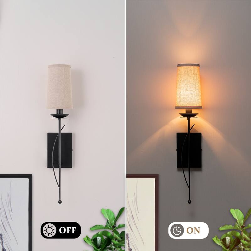 1-Light Matte Black Metal Wall Sconce Cone-Shaped Beige Linen Shade
