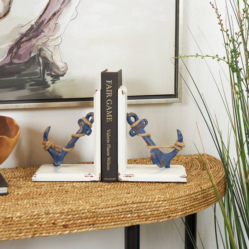 Blue Wood Distressed Anchor Decorative Bookends with Rope Accents and White Wood Stands (Set of 2) - Blue