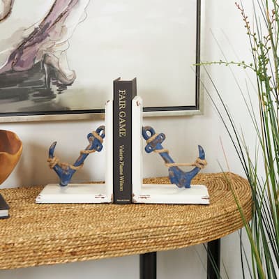 Blue Wood Distressed Anchor Decorative Bookends with Rope Accents and White Wood Stands (Set of 2)