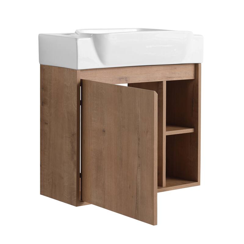 24'' Wall-Mounted Bathroom Vanity with White Ceramic Sink & Soft-Close Door, KD-Packing