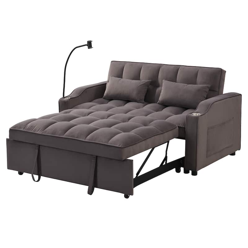 Charcoal Grey Modern Velvet 3 in 1 Convertible Sleeper Loveseat Futon Sofa with Adjustable Reclining Backrest and Toss Pillows