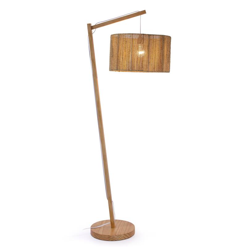 65 in. Boho Lantern Standing Floor Lamp with Pine Wood Body and Rattan Shade for Living Room, Bedroom - Yellow