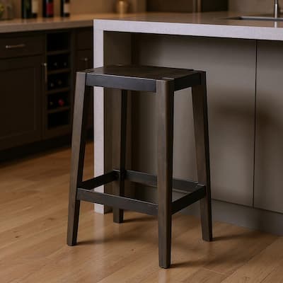 HomeRoots 30" Black Iron and Solid Wood Backless Bar Height Bar Chair