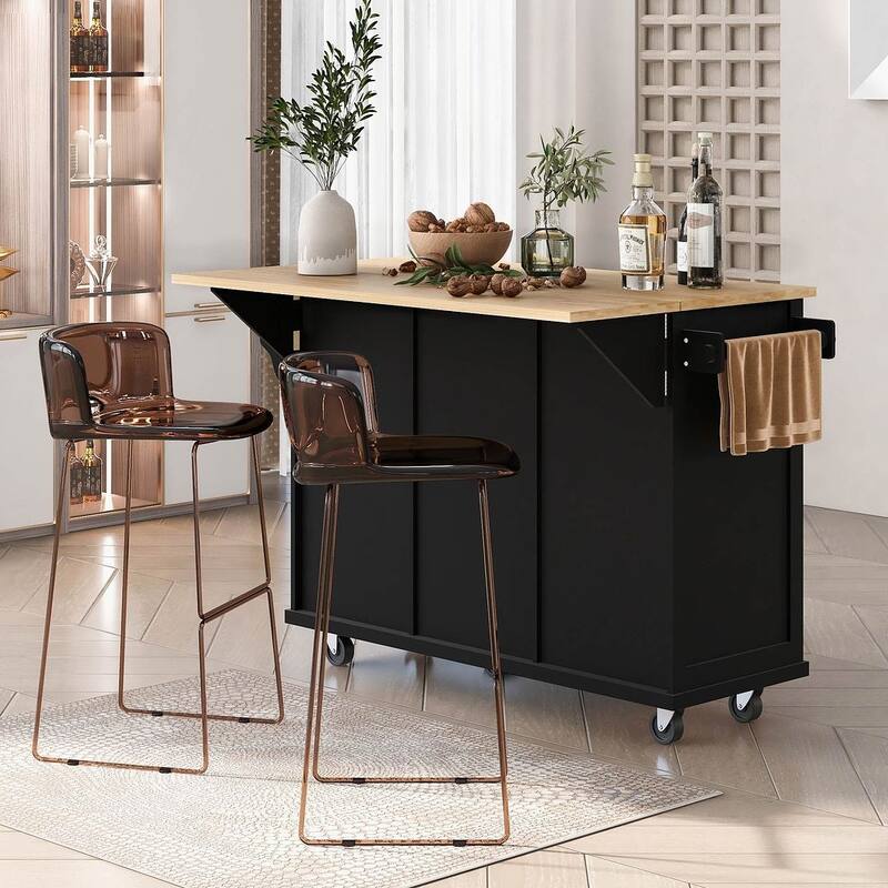 Rubberwood Drop Leaf Countertop Kitchen Cart with Door Inside Storage Rack and 3 Drawers