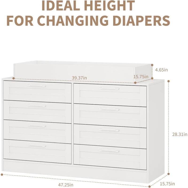 Baby Changing Dresser with 8 Drawers,Wooden Nursery Dresser with Safety Rail & Open Shelf