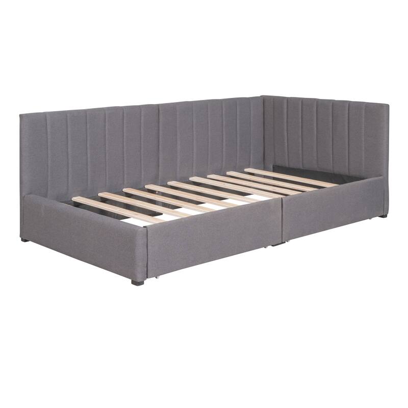 Twin Size Daybed with 2 Storage Drawers Sofa Bed Frame Wood Slat Support Semi-Closed Design Upholstered Daybed
