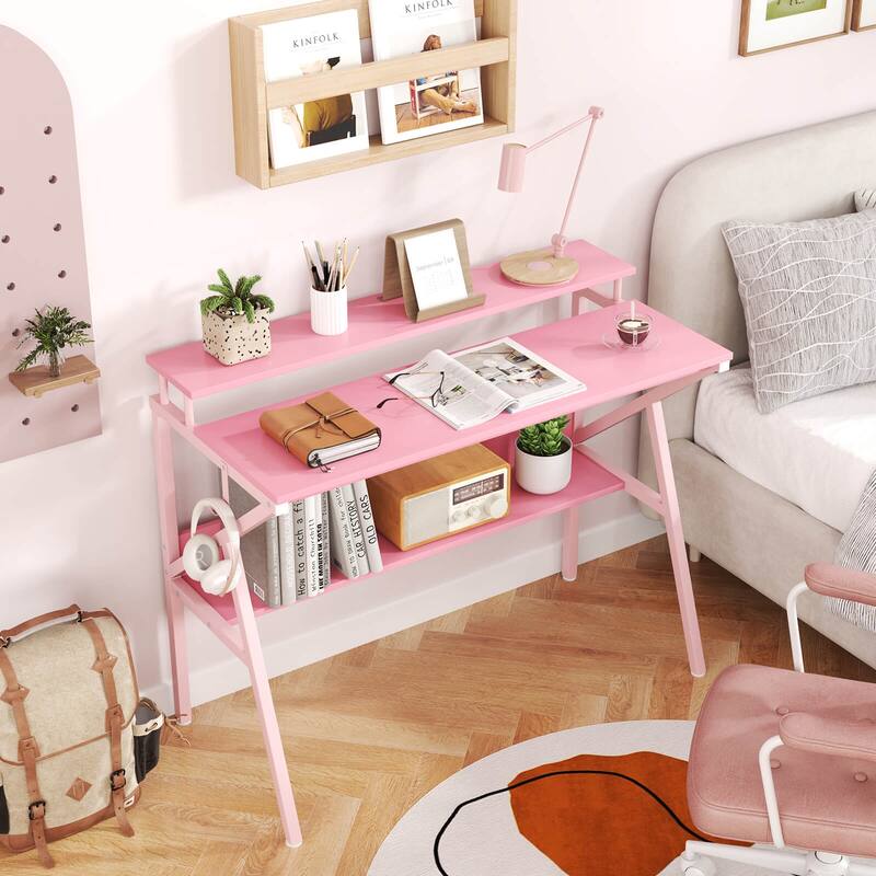 Costway Home Office Desk with Monitor Stand, Open Shelf & Metal Frame, - See Details