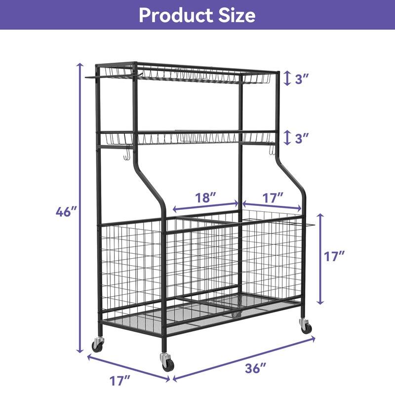 Garage Ball and Sports Equipment Organizer, Ball Storage Rack - 36.25 x 17.25 x 6.75 inches
