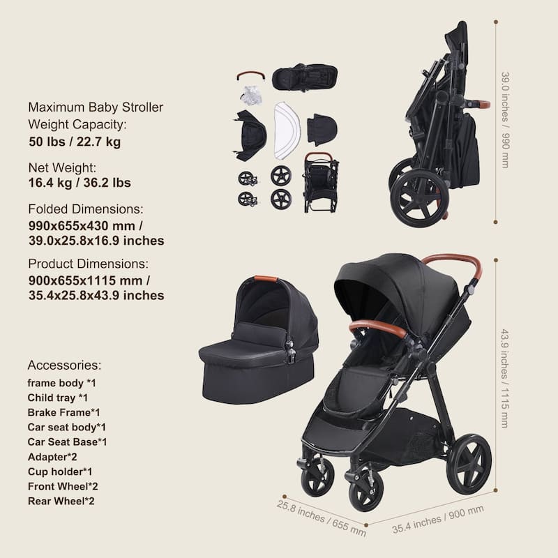 Oxford Aluminum Stroller with Bassinet and Adjustable Canopy - 35.4” L x 25.8” W x 43.9” H