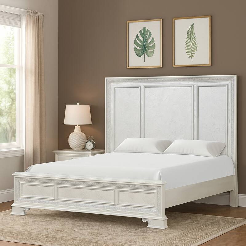 Miamy King Bed, Creamy White Wood, Panel Design, Silver Brushed Accents