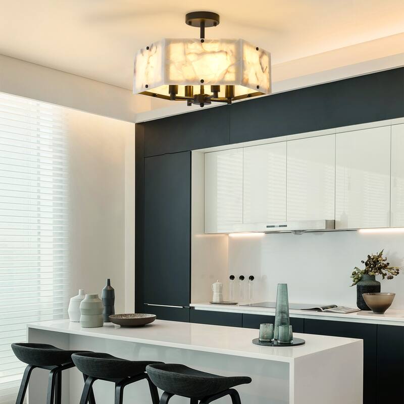 4 - Light Mid - Century Modern Alabaster - Look Octagonal Semi Flush Mount - Matte Black