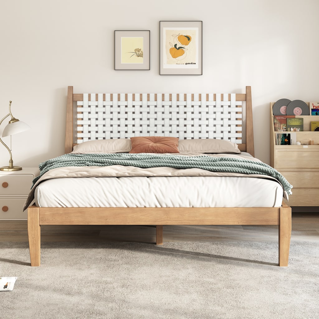 Queen Platform Bed with Woven White Leather Headboard and Natural Wood Frame