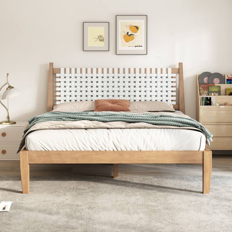 Roomfitters Queen Wood Bed Frame with Woven White Leather Headboard, Modern Platform Foundation and Slats, Natural and White