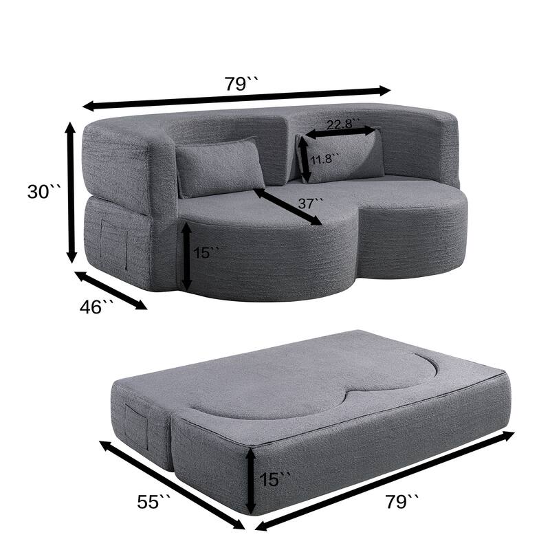 Folding Sofa Bed Convertable Fabric Couch, Floor Sleeper 2-in-1 Out Futon Lounge Upholstered Couch with Side Pockets