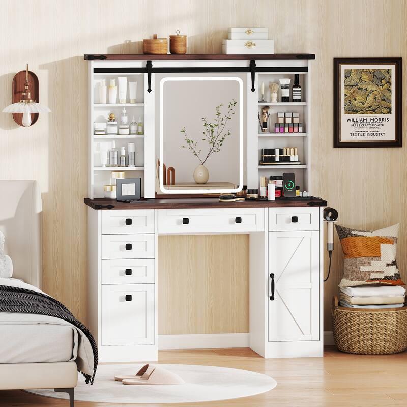 Gymax Vanity Desk w/Touch Screen Mirror Farmhouse Dressing Table