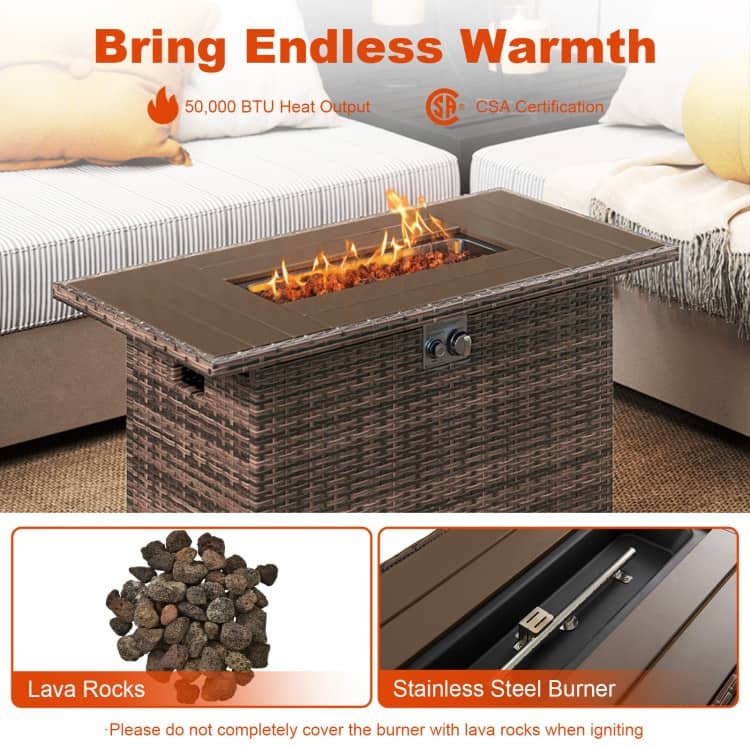Propane Fire Pit Table 50000 BTU Outdoor Patio Heater with PE Rattan Coffee Table and Stainless Steel Burner