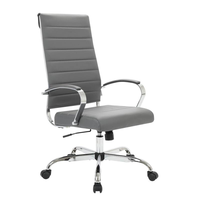 Benmar High-Back Leather Office Desk Chair in Stainless Steel Frame Adjustable Height Tilt Lock 360 Swivel Ergonomic Chair - Grey
