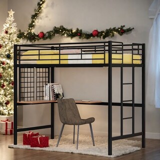 Twin Metal Loft Bed With Desk and Metal Grid,Sturdy Construction