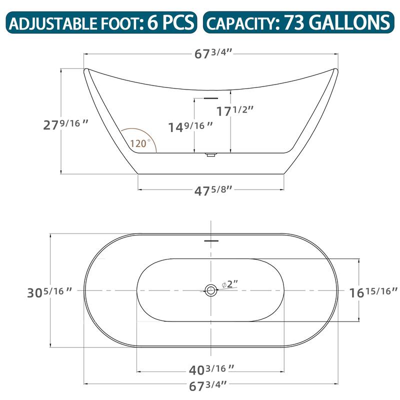 68 in. x 30 in. Acrylic Free Standing Soaking Tub with Overflow and Center Drain in White