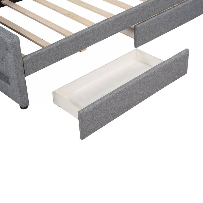 Modern Linen Upholstered Daybed with LED Light Strip, Button-Tufted Backrest Sofa Bed Optional Trundle Bed or Storage Drawers