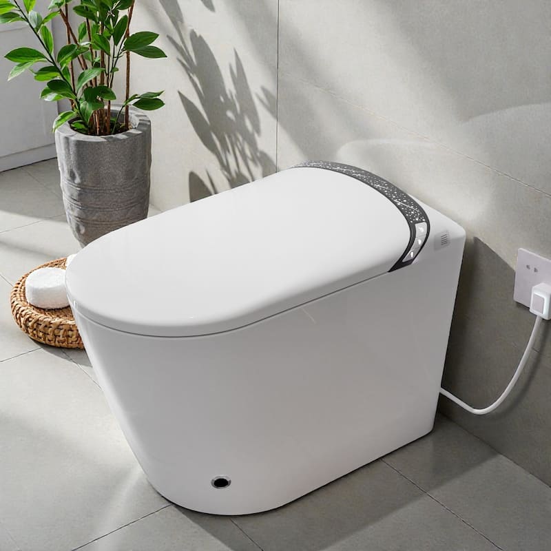 Elongated Smart Toilet with Built In Bidet. Tankless Design. Auto Open Close Seat. Foot Sensor. Warm Water Dryer - White