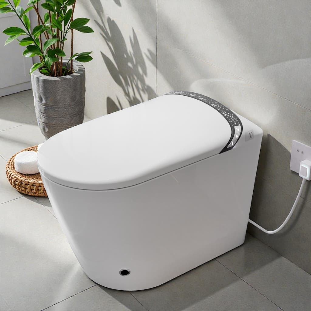 Elongated Smart Toilet with Built In Bidet. Tankless Design. Auto Open Close Seat. Foot Sensor. Warm Water Dryer